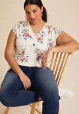 Plus Size 24/7 Fairhaven Floral  Pleated Tee, SOFT WHITE COMBO, small