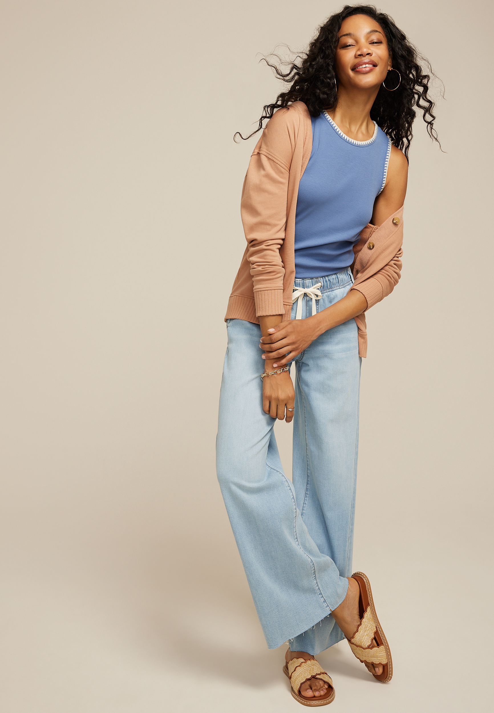 Soft Light High Rise Drawstring Wide Leg Jean, LIGHT SANDBLAST, large