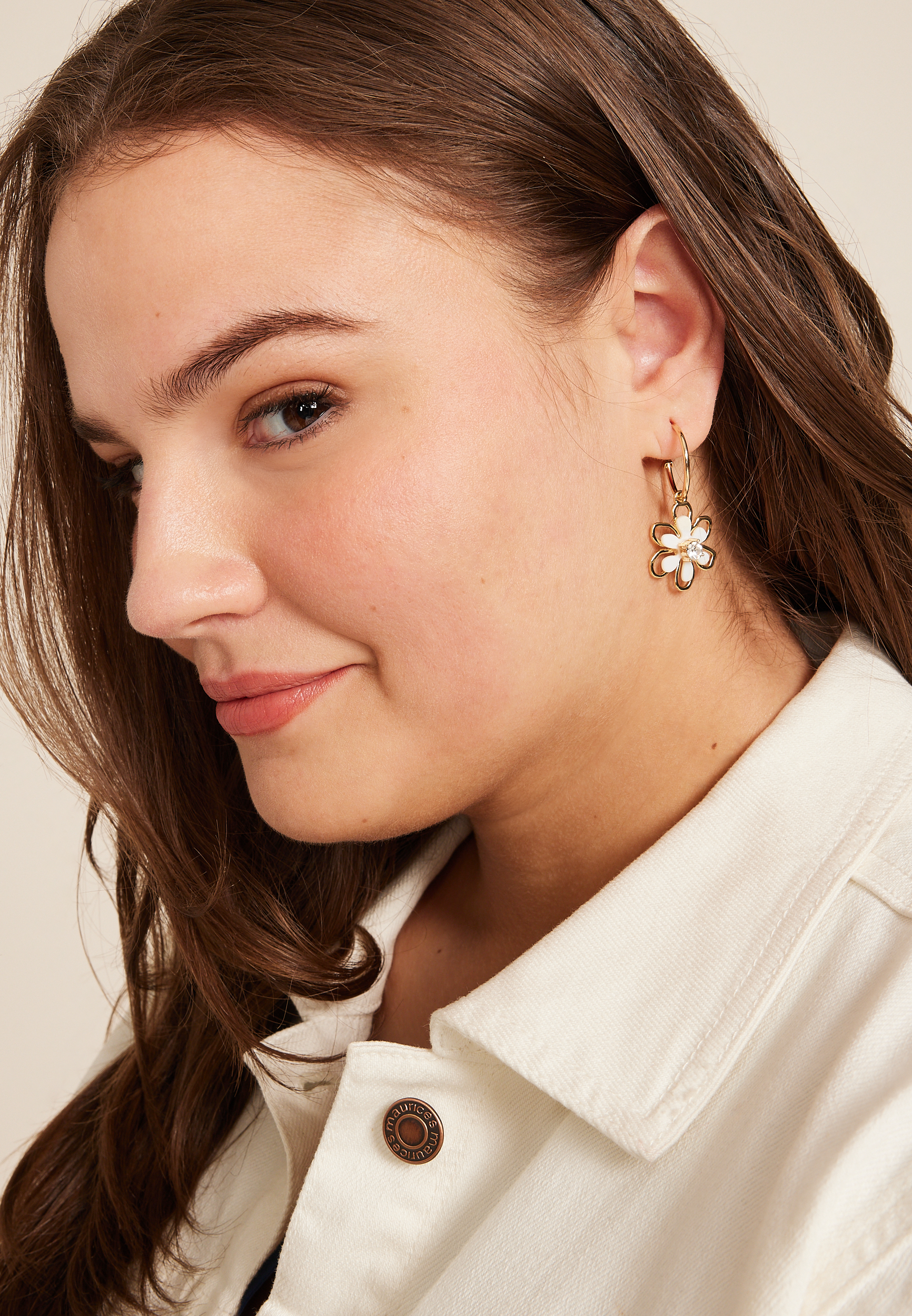 Wire Flower Charm Hoop Earrings, GOLD, large
