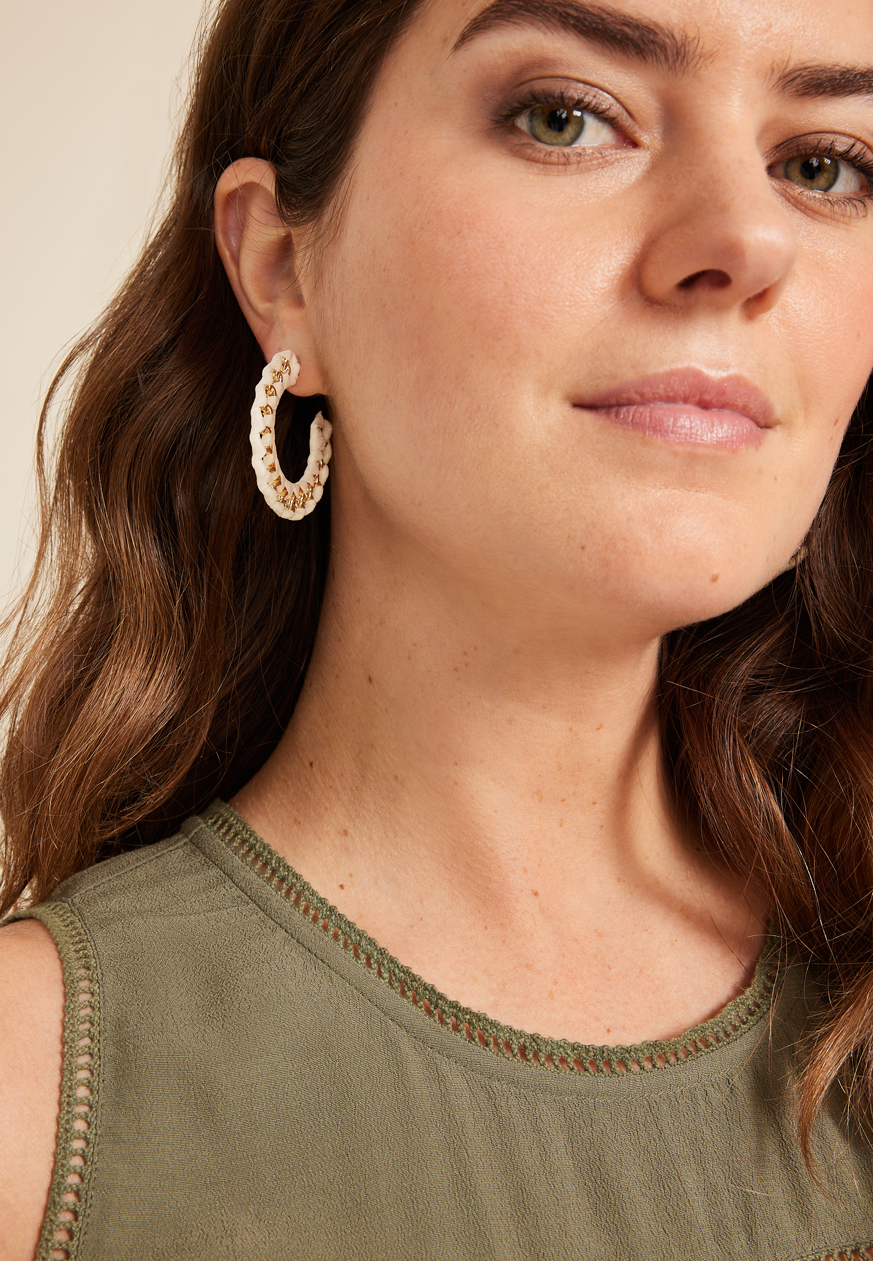 White Raffia Wrapped Hoop Earrings, , large