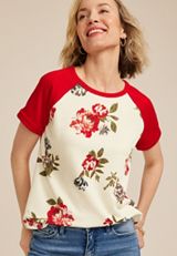 Floral Wavy Ribbed Colorblock Raglan Tee, C2947, small