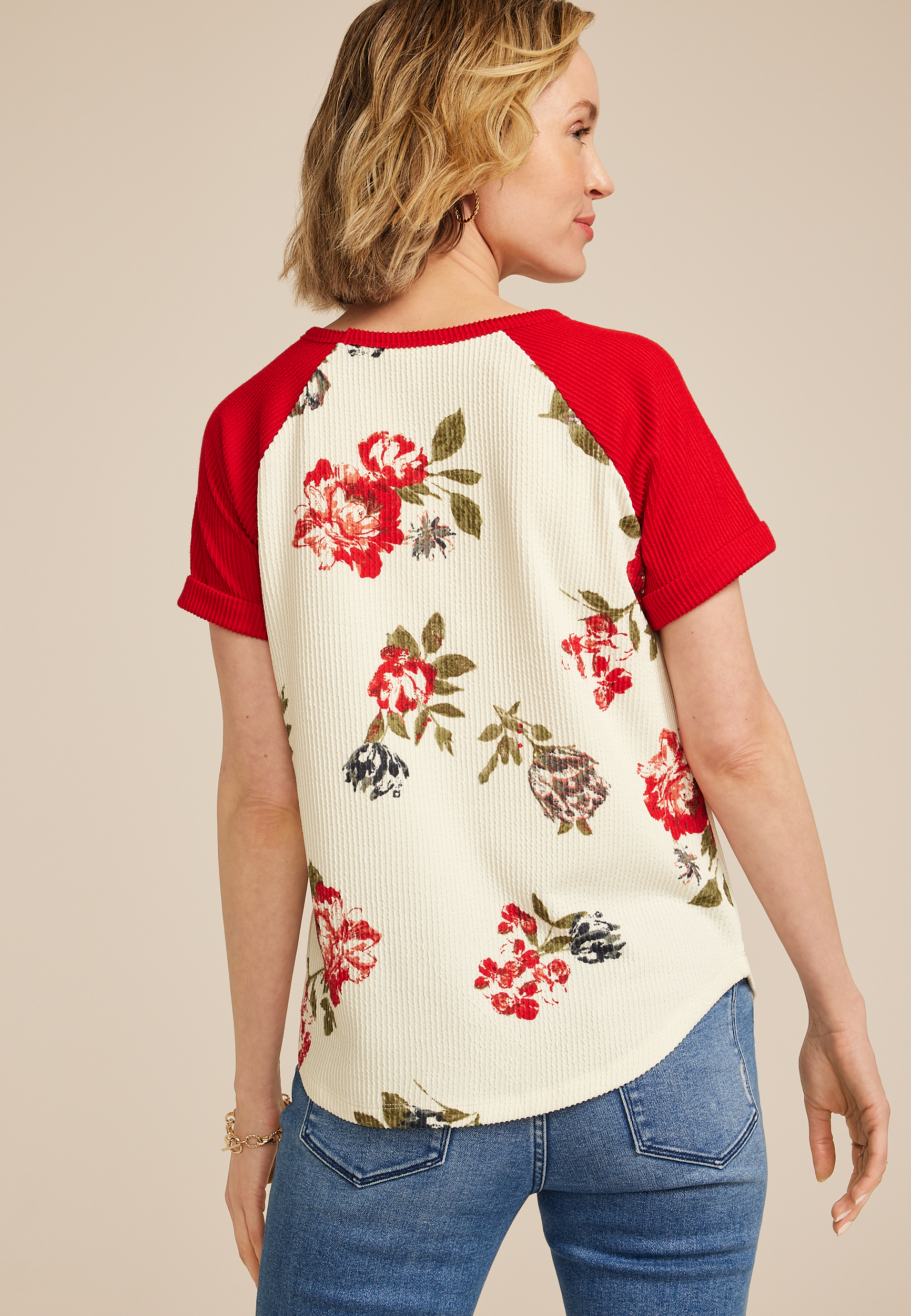 Floral Wavy Ribbed Colorblock Raglan Tee, C2947, large