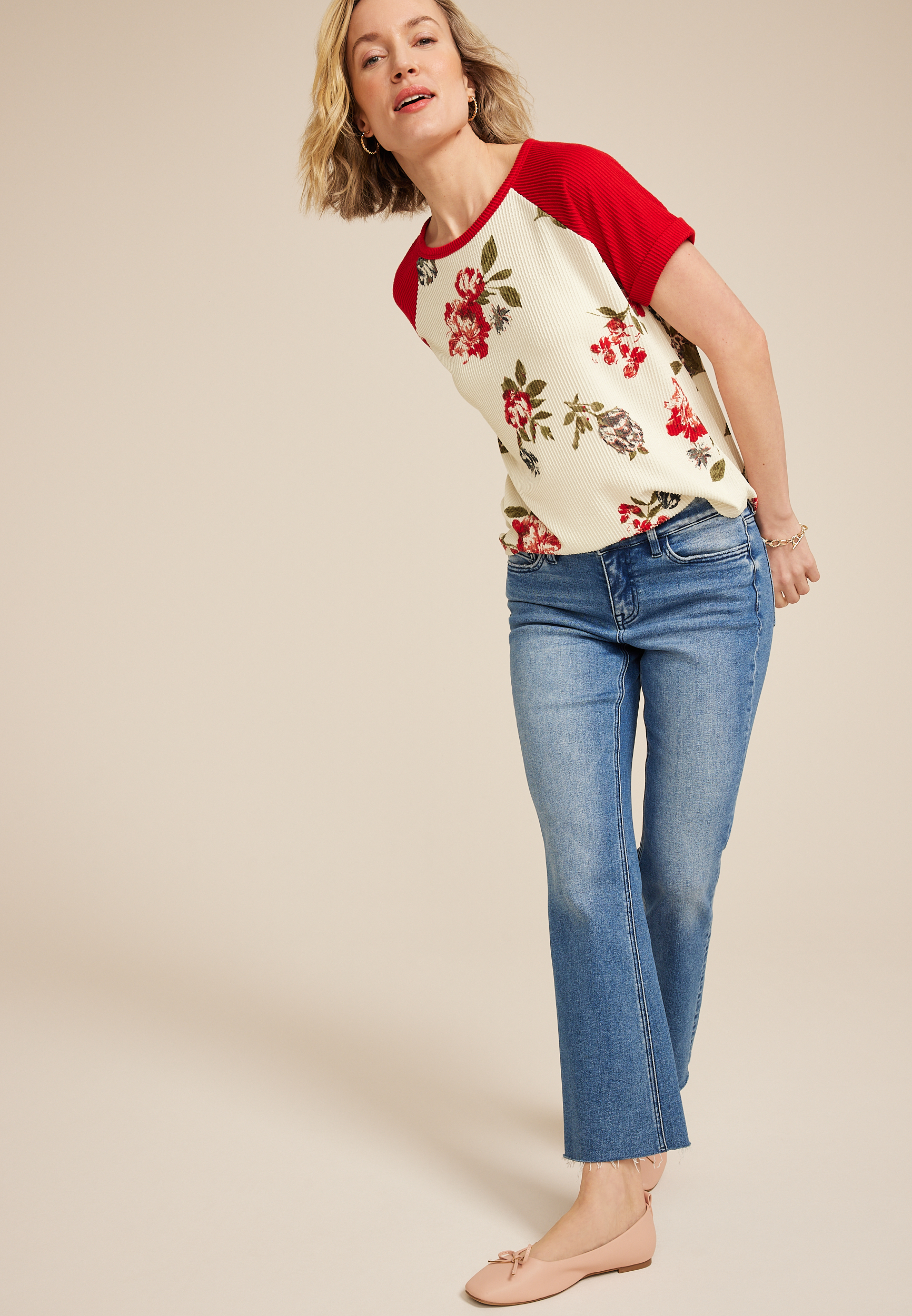 Floral Wavy Ribbed Colorblock Raglan Tee, C2947, large