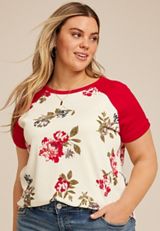 Plus Size Floral Wavy Ribbed Colorblock Raglan Tee, C2947, small