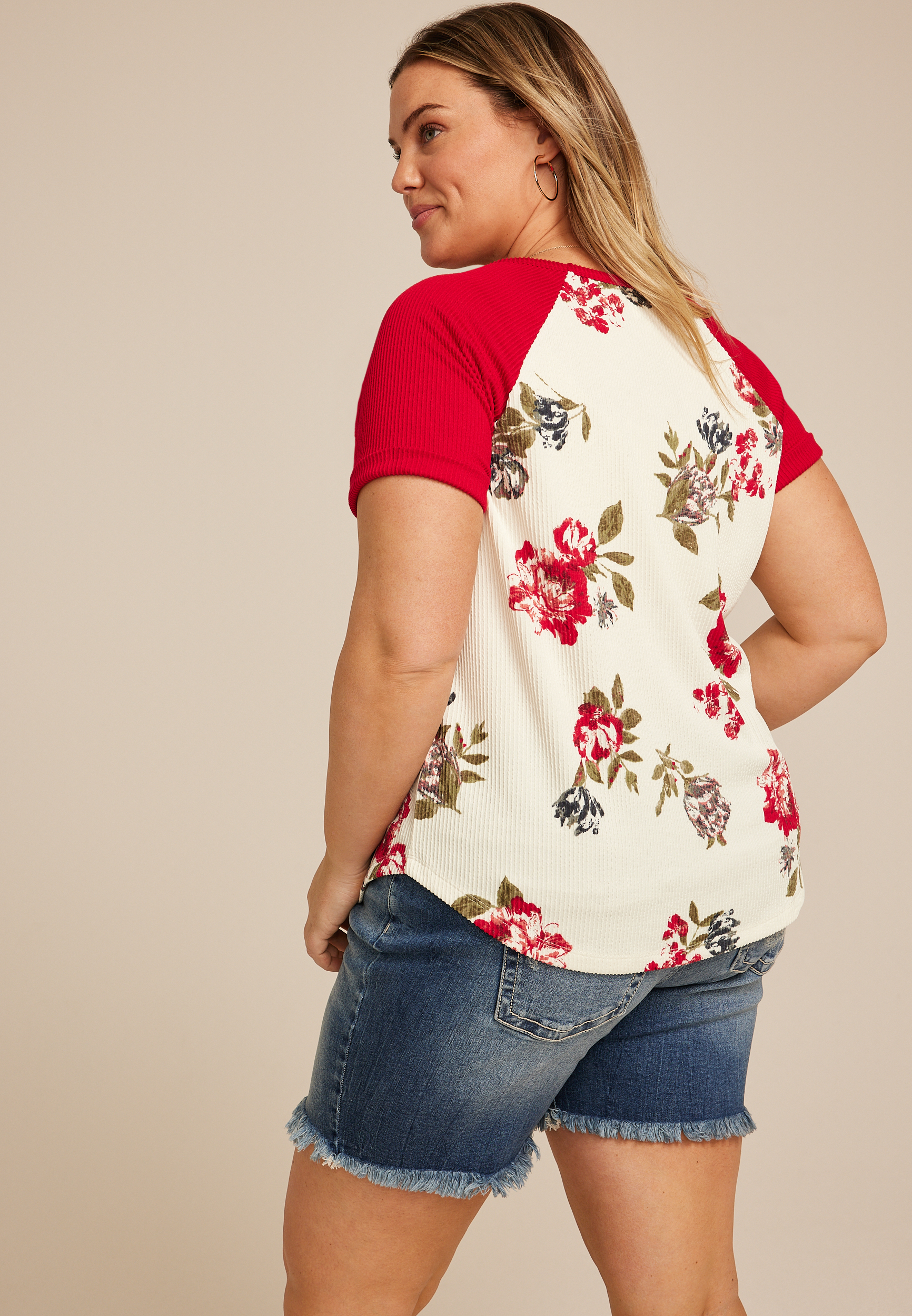 Plus Size Floral Wavy Ribbed Colorblock Raglan Tee, C2947, large