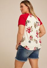 Plus Size Floral Wavy Ribbed Colorblock Raglan Tee, C2947, small