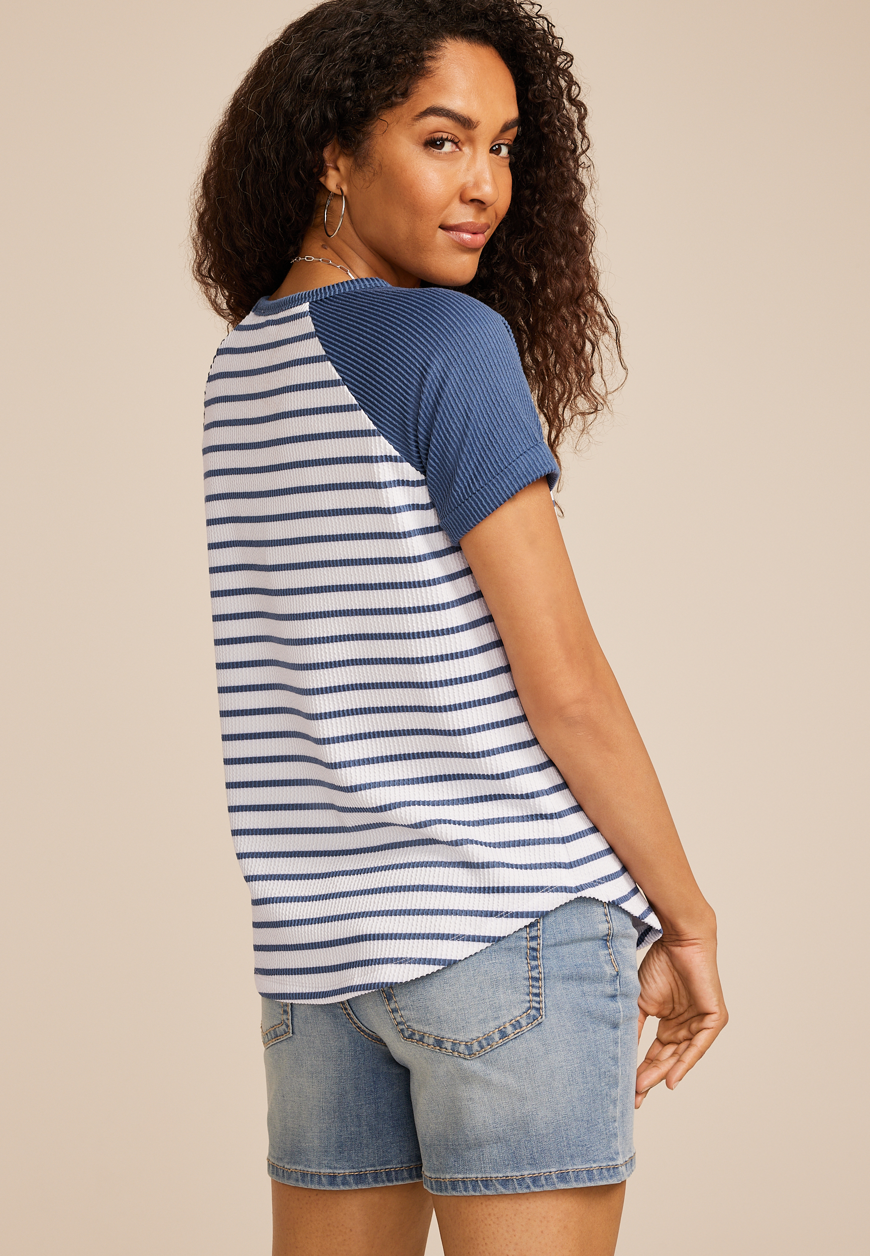 Striped Wavy Ribbed Colorblock Raglan Tee, WASHED NAVY COMBO, large