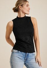 Black Floral Mock Neck Tank Top, , small