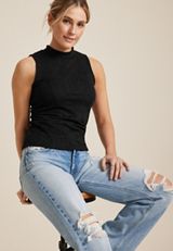 Black Floral Mock Neck Tank Top, , small