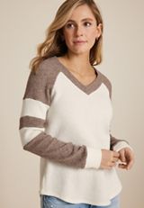 Colorblock V Neck Waffle Knit Top, C6174, small