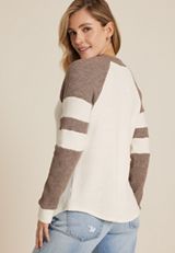 Colorblock V Neck Waffle Knit Top, C6174, small