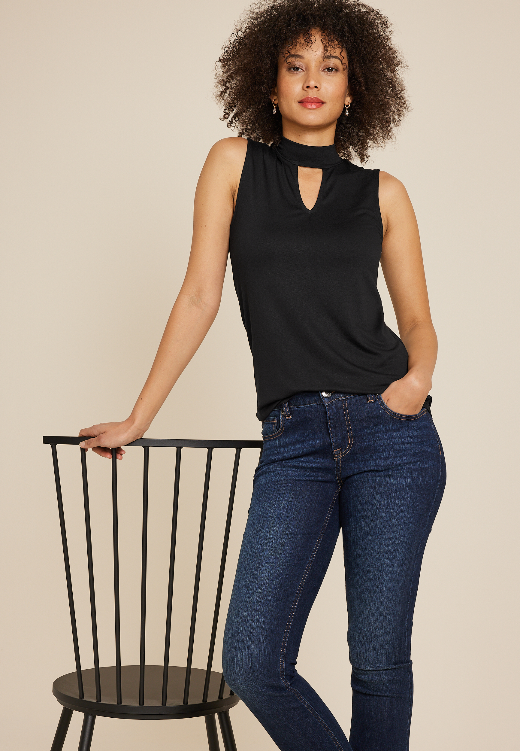 Crepe Cut Out Mock Neck Tank Top