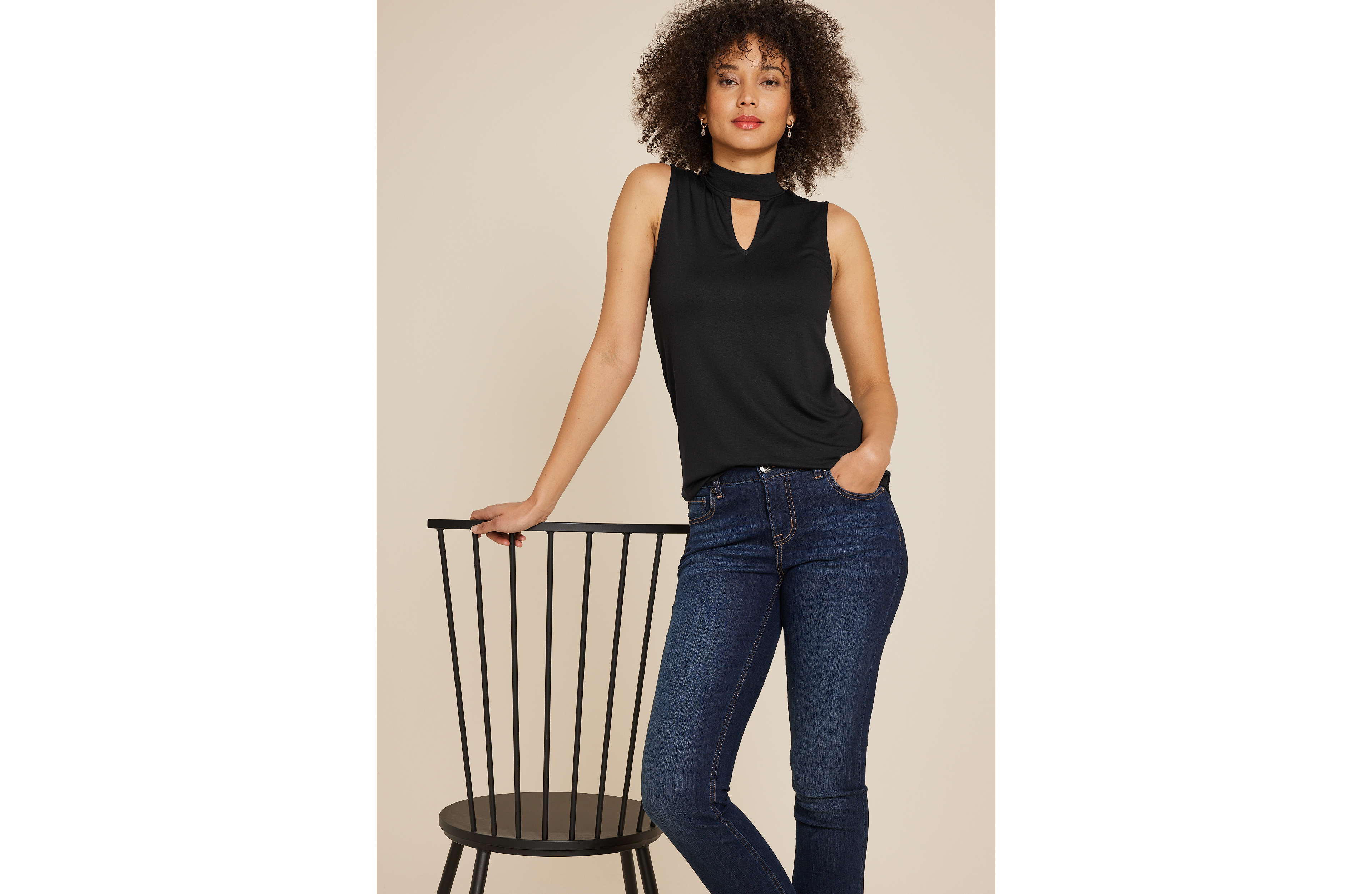 Crepe Cut Out Mock Neck Tank Top