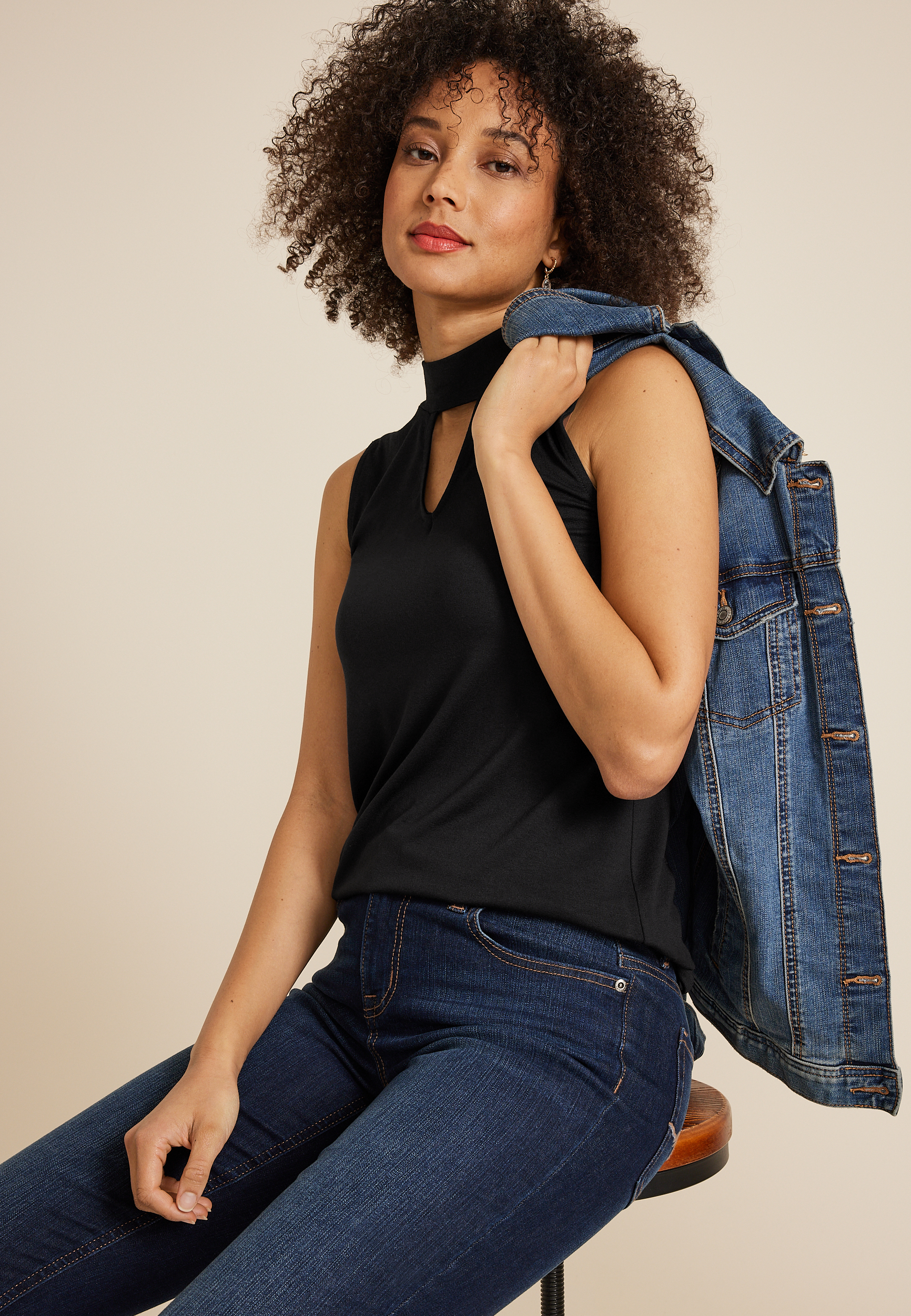 Crepe Cut Out Mock Neck Tank Top