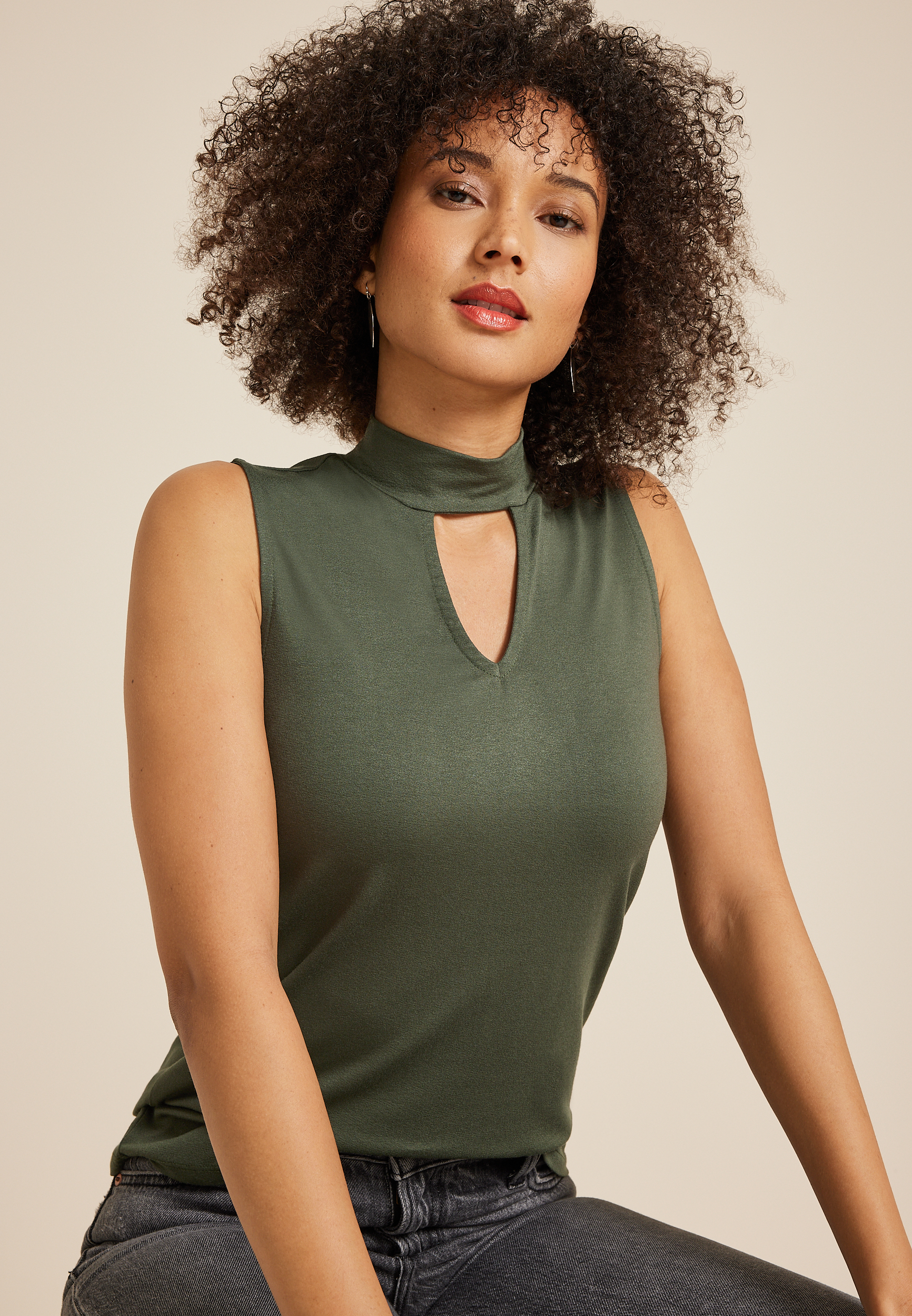 Crepe Cut Out Mock Neck Tank Top