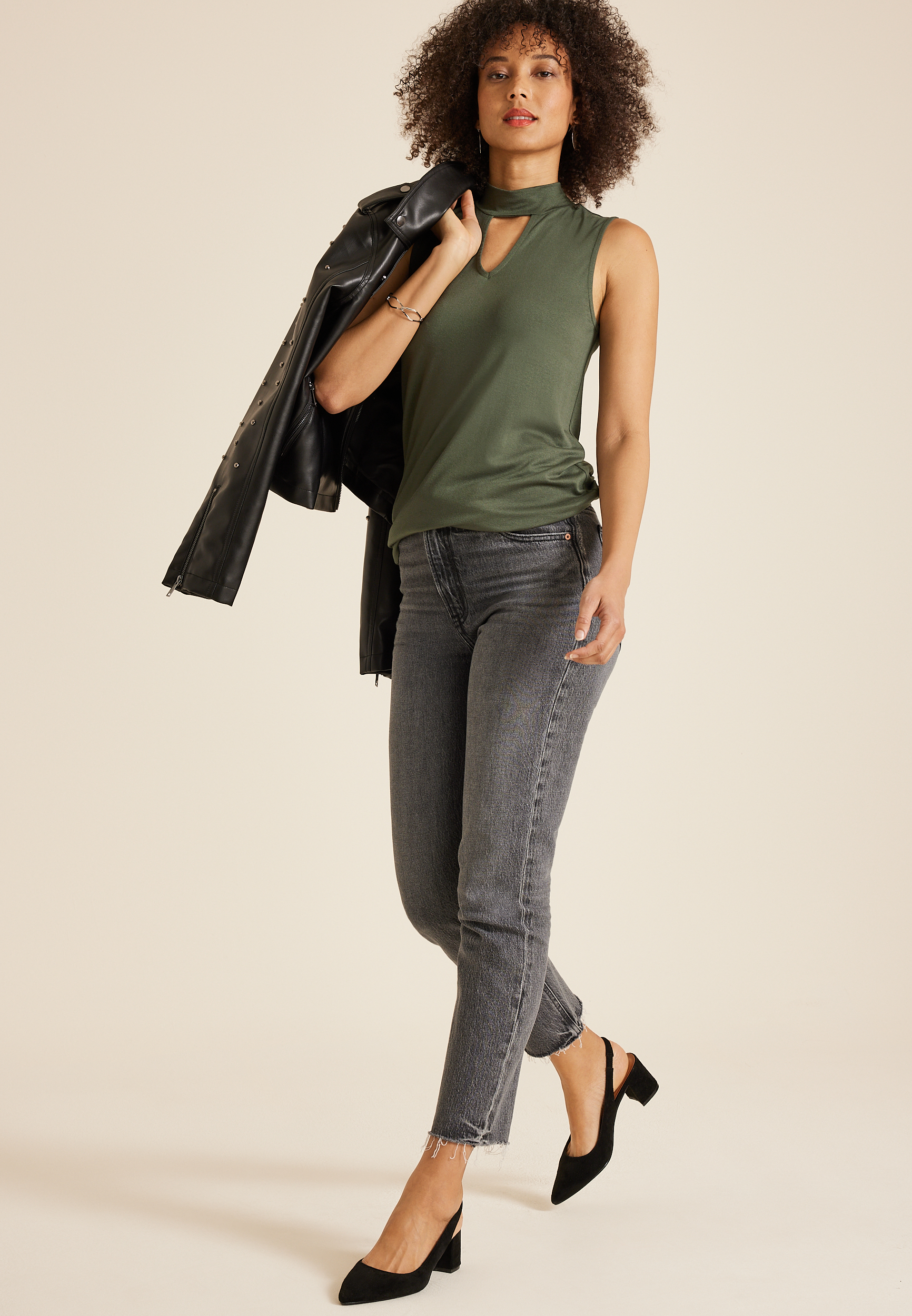 Crepe Cut Out Mock Neck Tank Top, C186, large