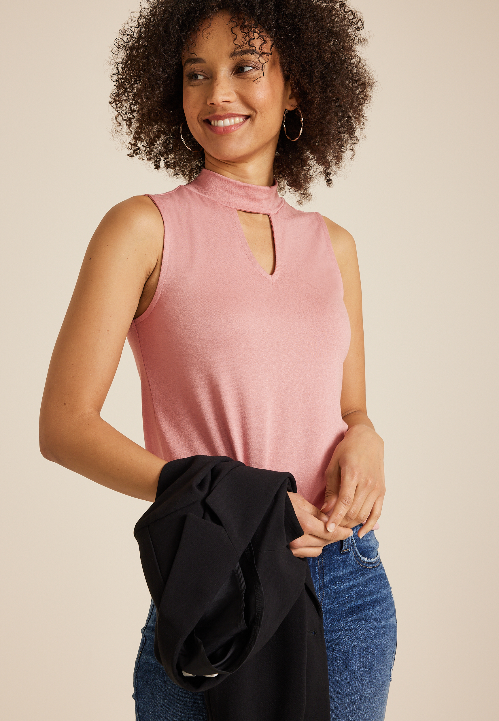 Crepe Cut Out Mock Neck Tank Top