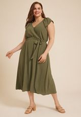 Plus Size Cool Crepe Wrap Midi Dress, DUSTY OLIVE, small