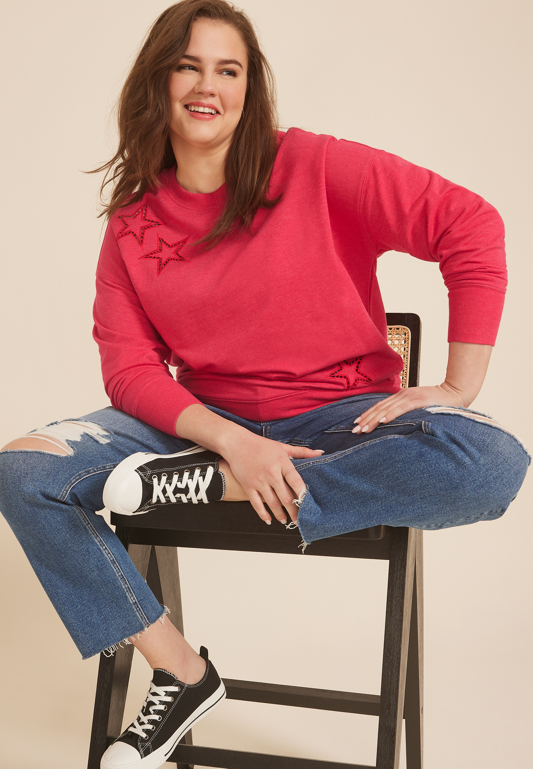 Plus Size Americana Star Laser Cut Sweatshirt, C2946, large
