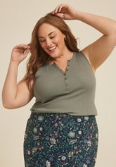 Plus Size Striped Ribbed Henley Tank Top