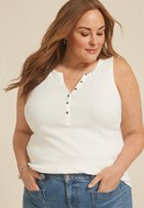 Plus Size Ribbed Henley Tank Top, SOFT WHITE, small