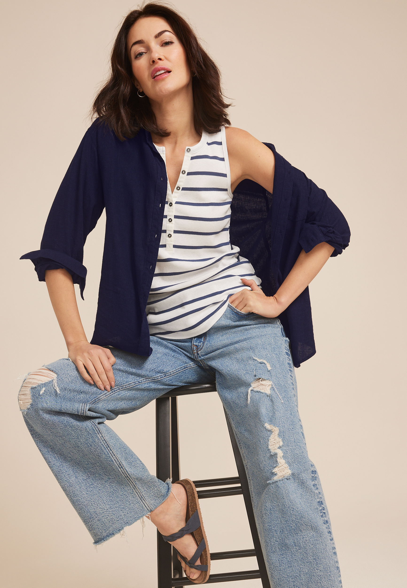 Striped Ribbed Henley Tank Top