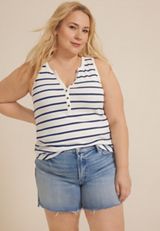 Plus Size Striped Ribbed Henley Tank Top, SOFT WHITE COMBO, small