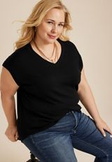 Plus Size 24/7 V Neck Ribbed Short Sleeve Tee, BLACK, small