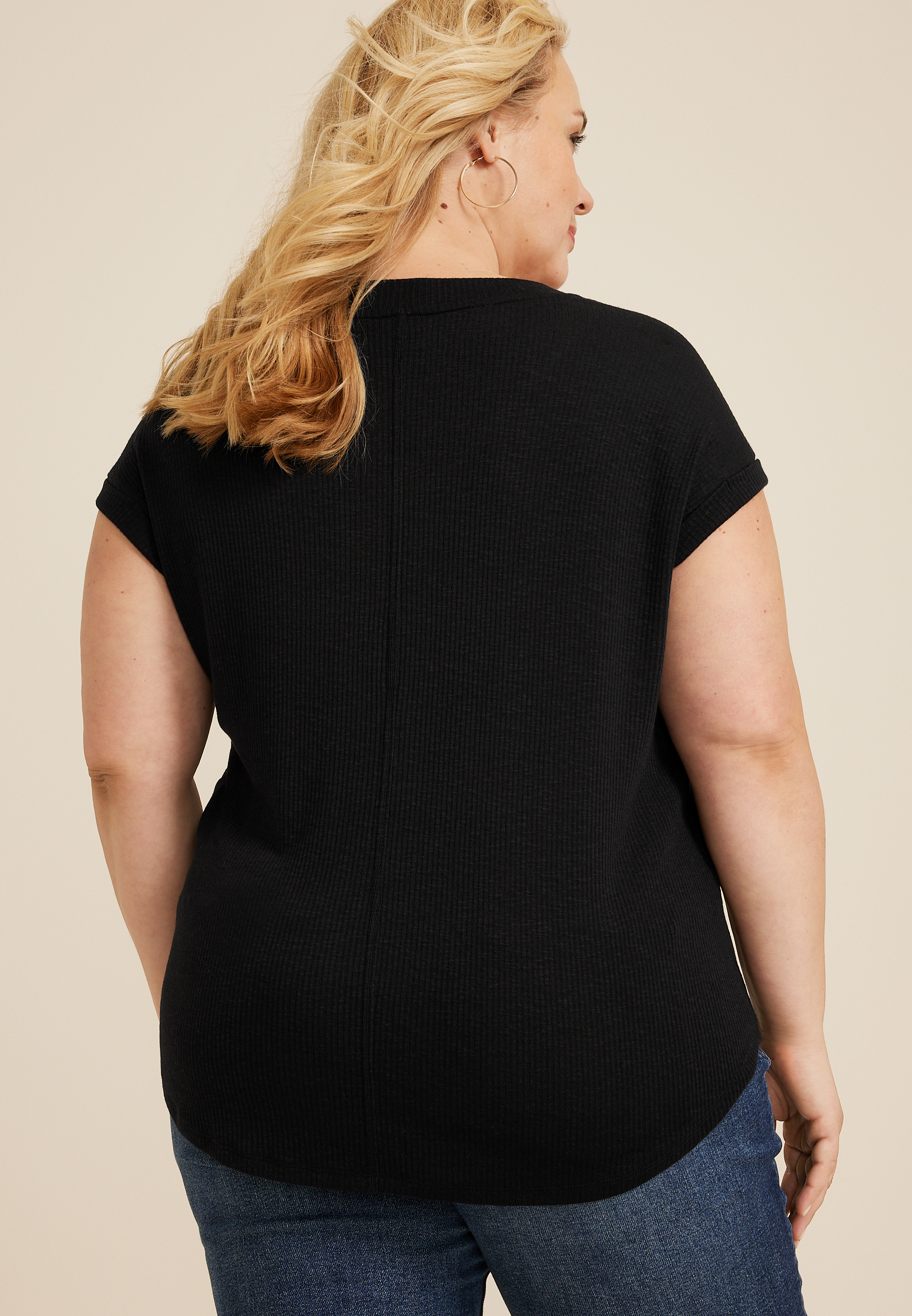 Plus Size 24/7 V Neck Ribbed Short Sleeve Tee, BLACK, large