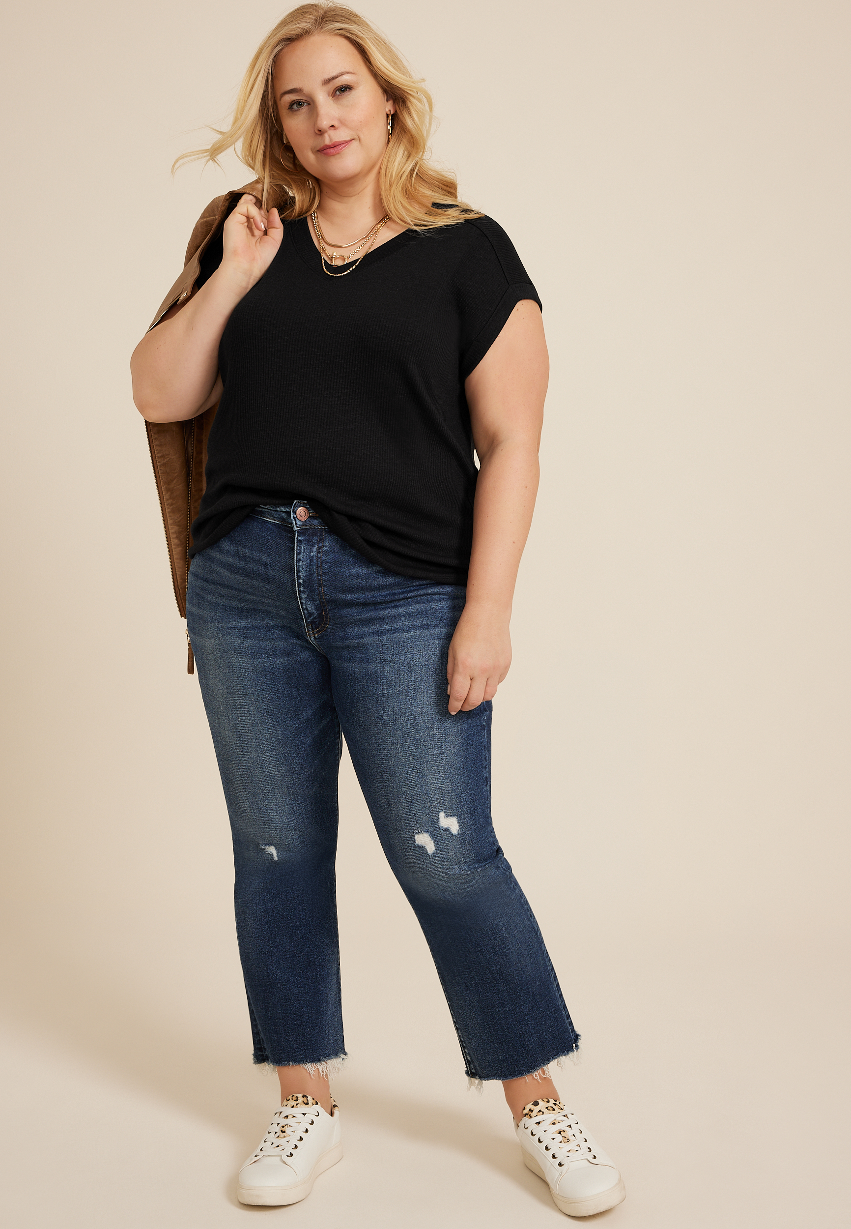 Plus Size 24/7 V Neck Ribbed Short Sleeve Tee, BLACK, large
