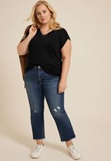 Plus Size 24/7 V Neck Ribbed Short Sleeve Tee, BLACK, small
