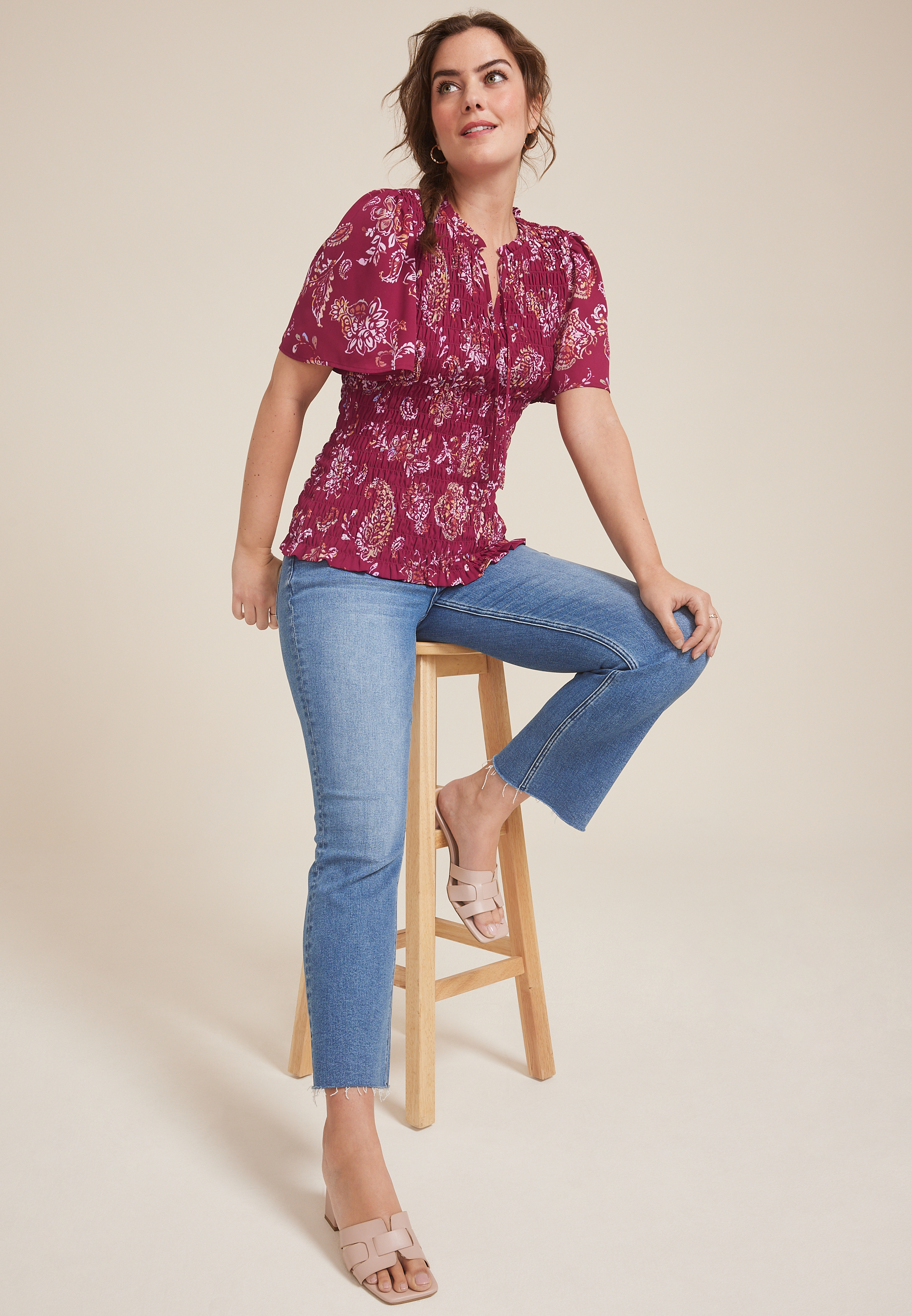 Printed Smocked Blouse, , large
