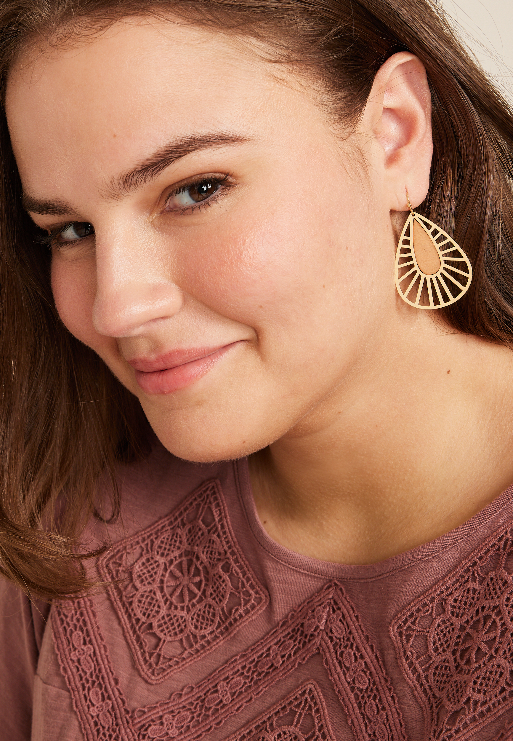 Wooden Inlay Teardrop Earring, GOLD, large