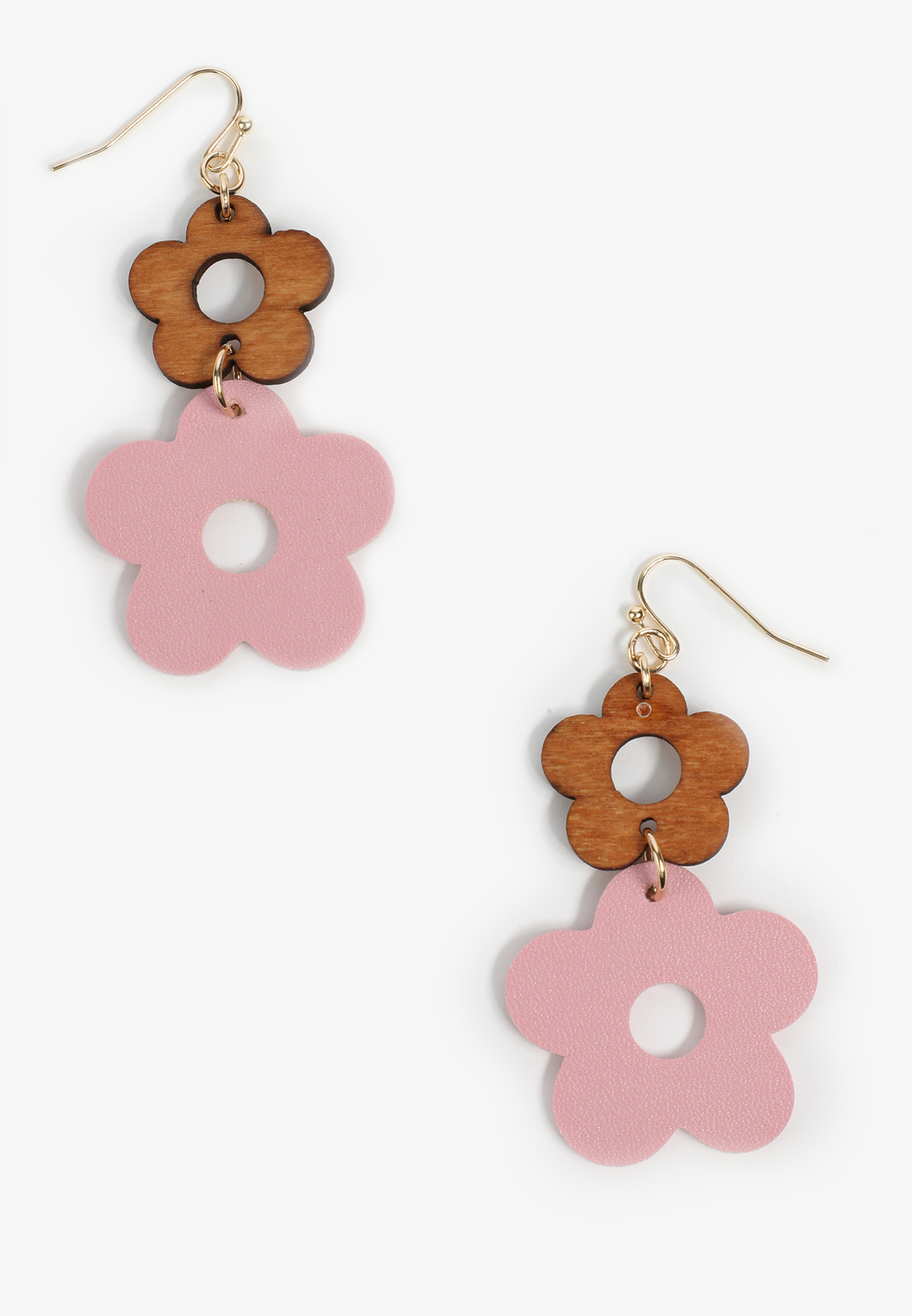 Faux Leather And Wooden Floral Drop Earrings