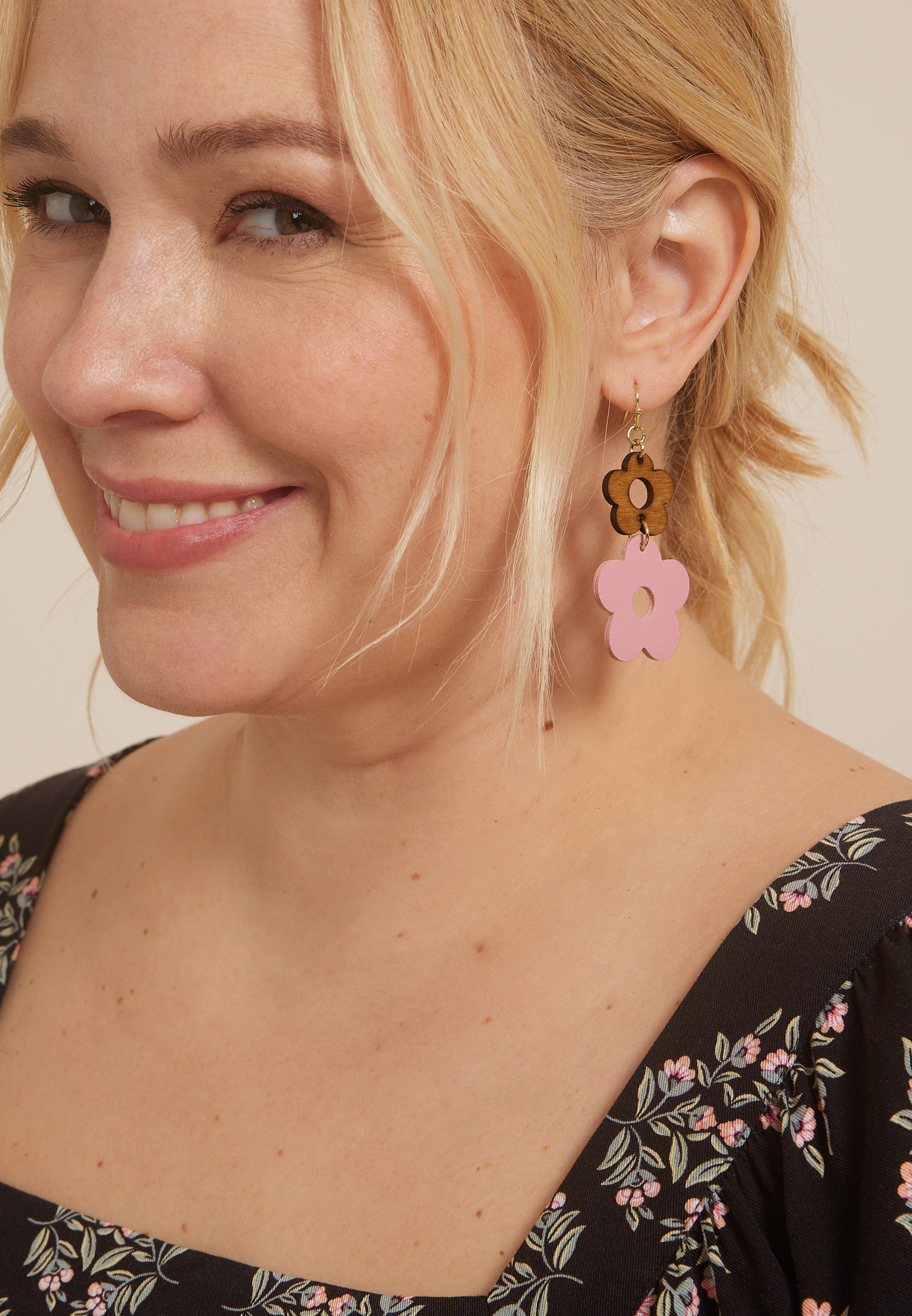 Faux Leather And Wooden Floral Drop Earrings, , large