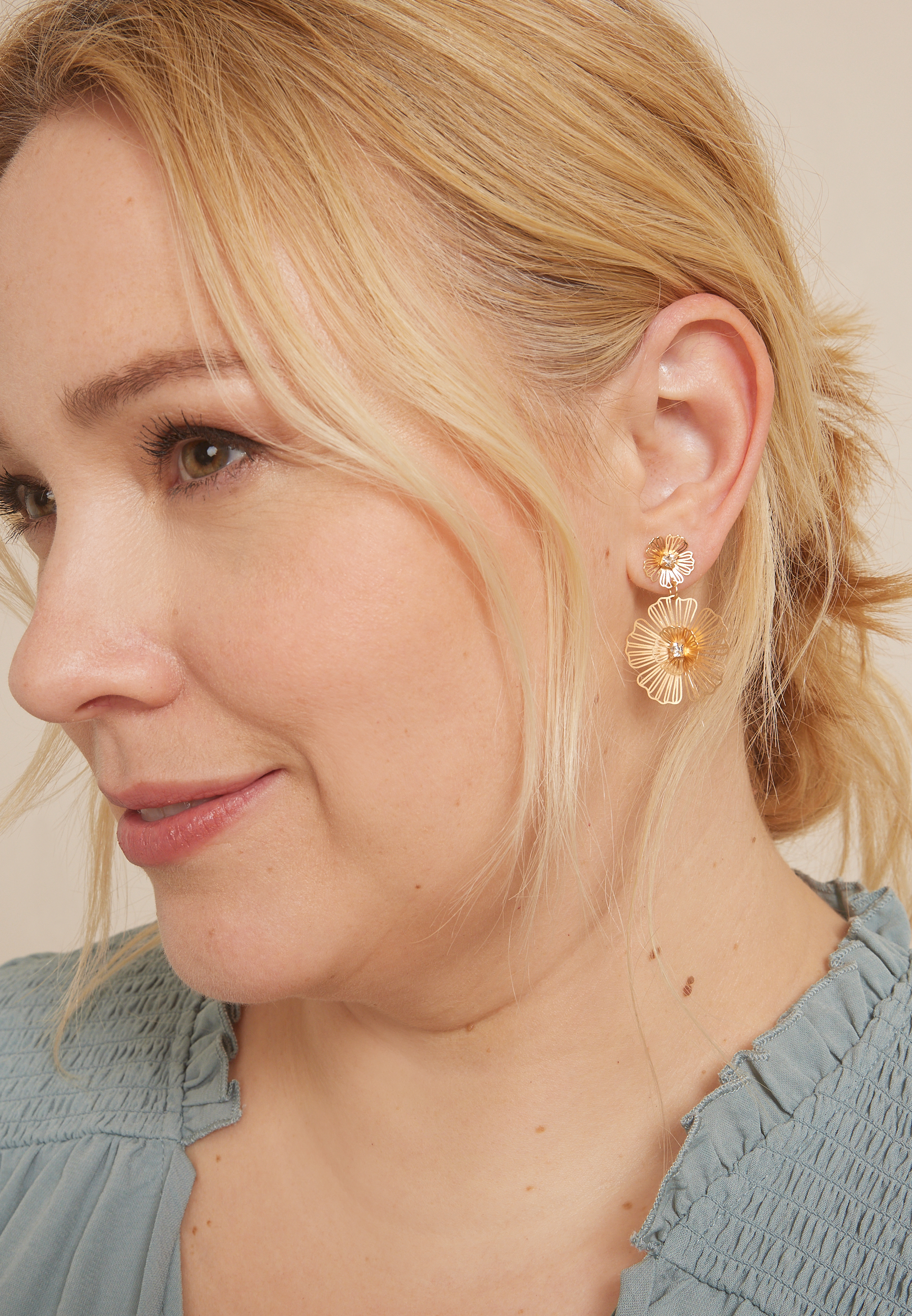 Gold Double Floral Drop Earrings, C605, large
