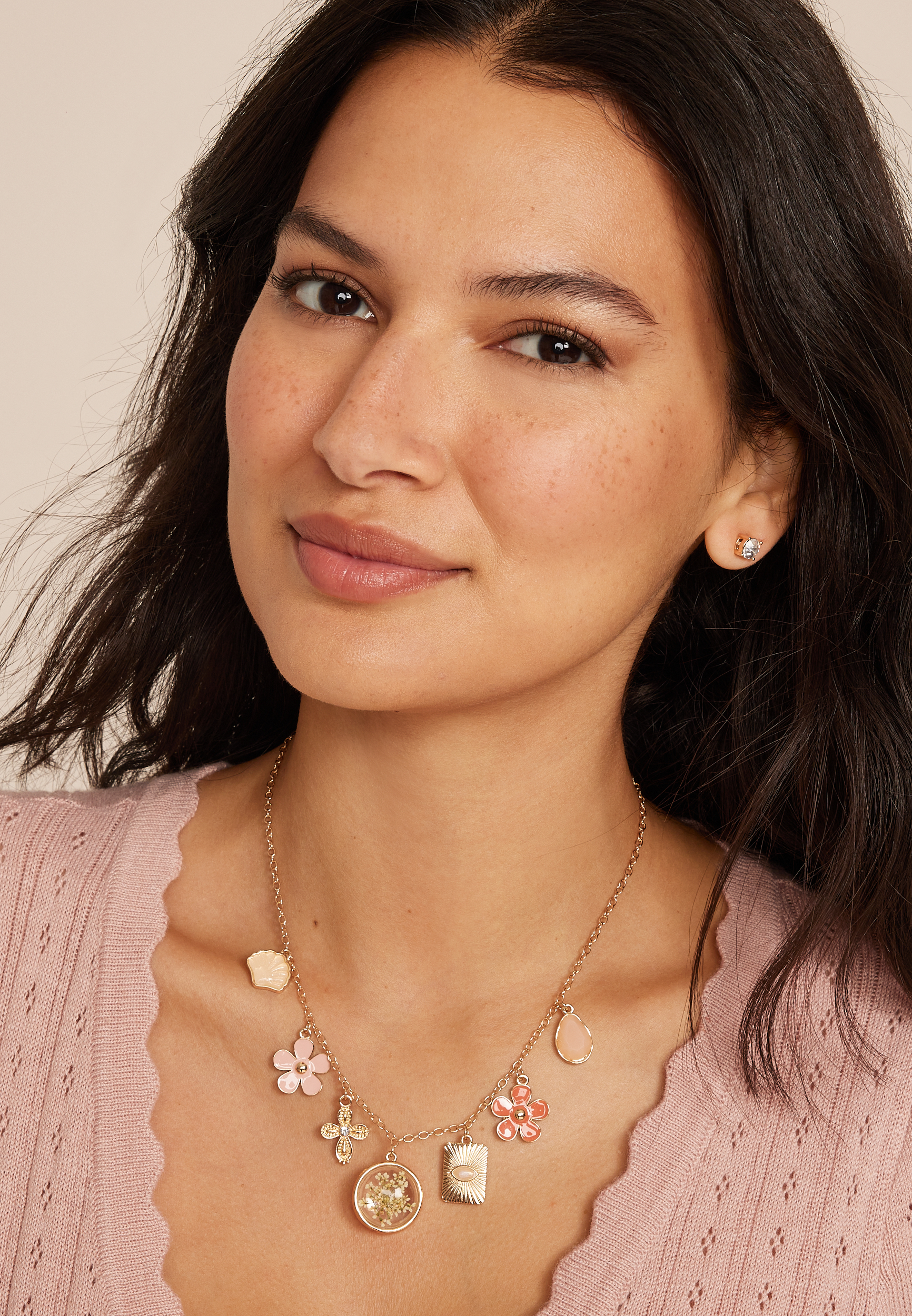 Bubble Floral Charm Necklace, GOLD, large