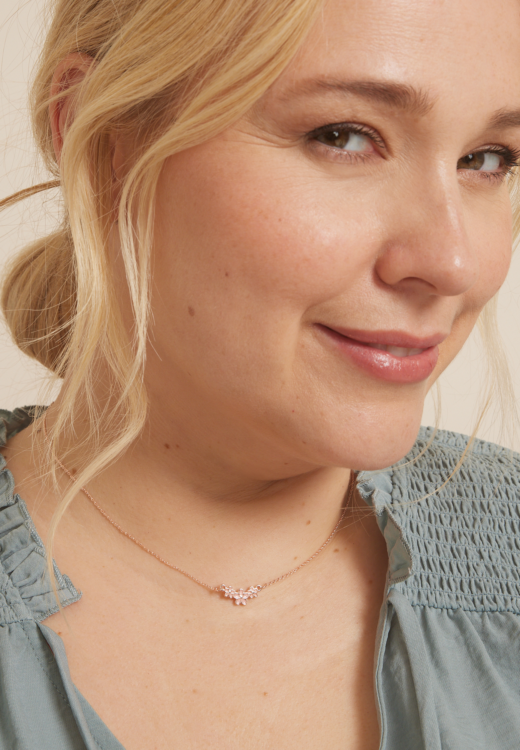Dainty Floral Trio Pendant Necklace, ROSE GOLD, large