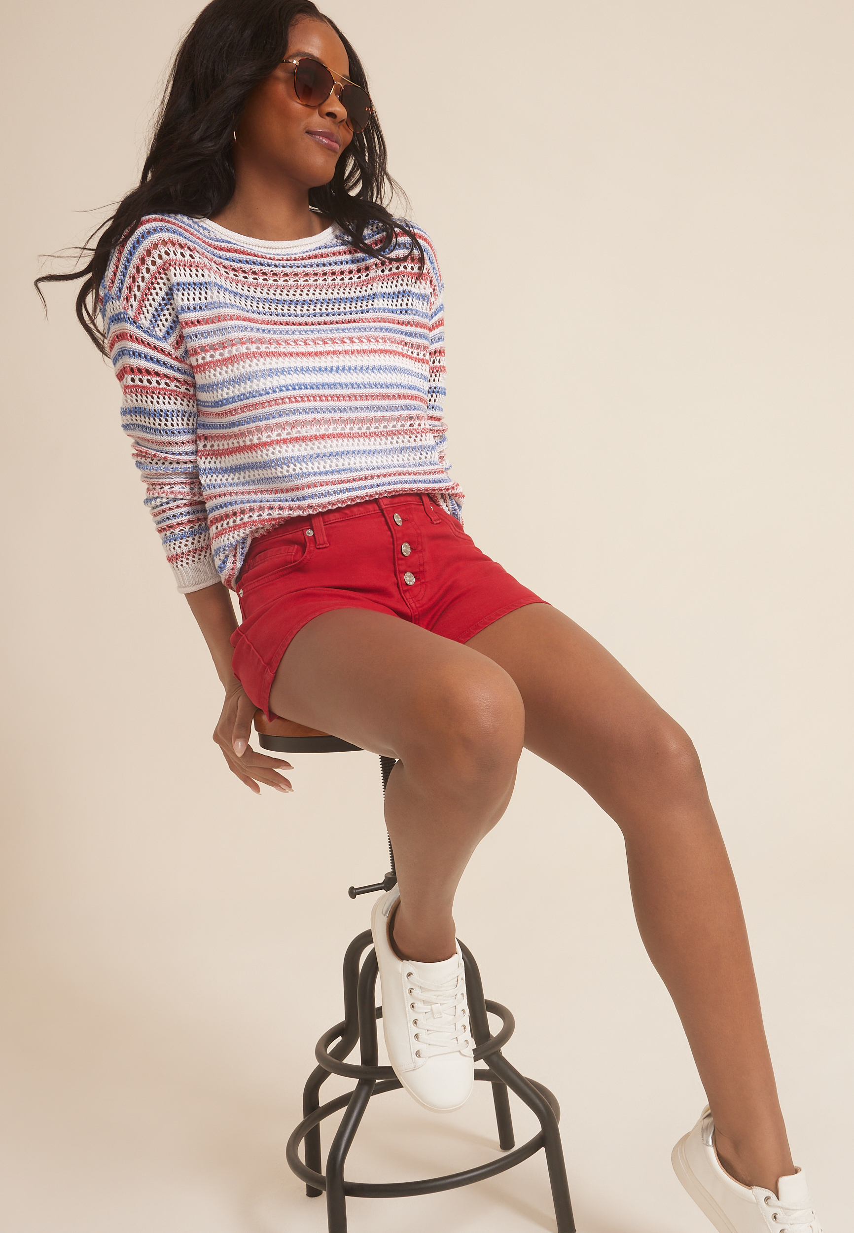 Americana Striped Open Stitch Sweater, C1524, large