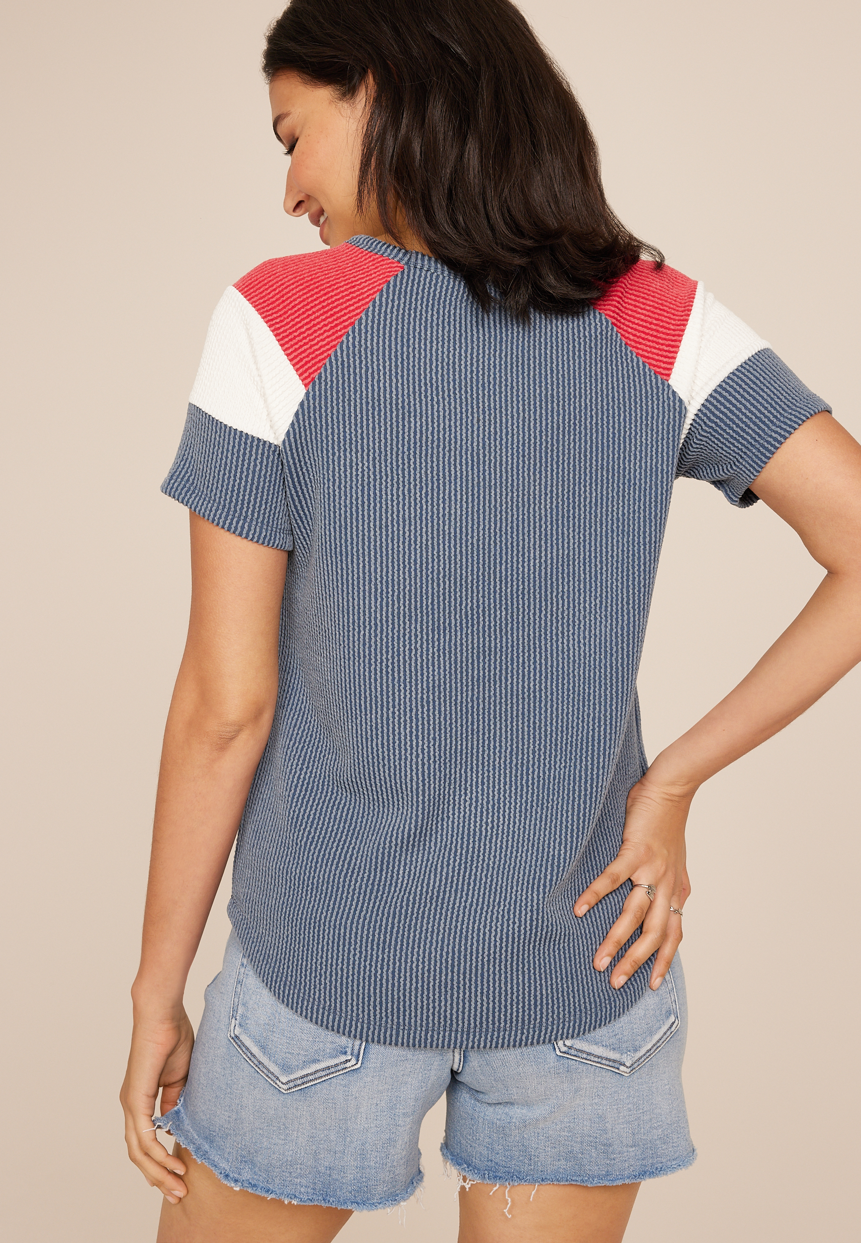 Wavy Ribbed Colorblock Raglan Tee, C4131, large