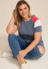 Plus Size Wavy Ribbed Colorblock Raglan Tee, WASHED NAVY COMBO, small