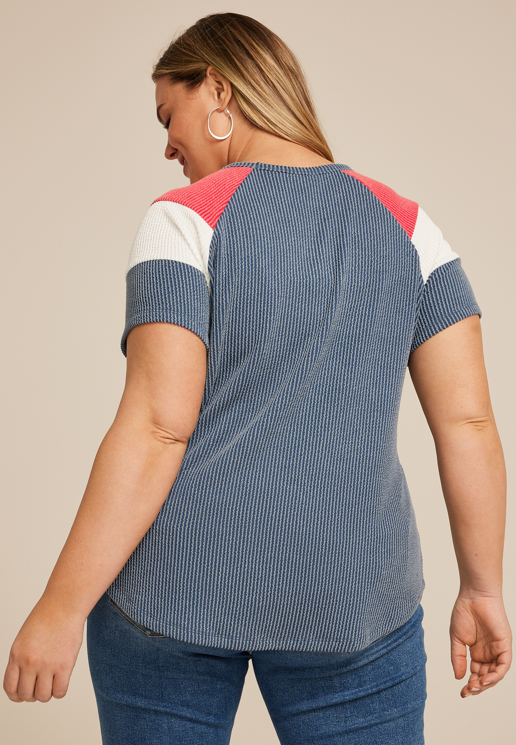 Plus Size Wavy Ribbed Colorblock Raglan Tee, WASHED NAVY COMBO, large