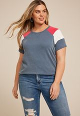 Plus Size Wavy Ribbed Colorblock Raglan Tee, WASHED NAVY COMBO, small