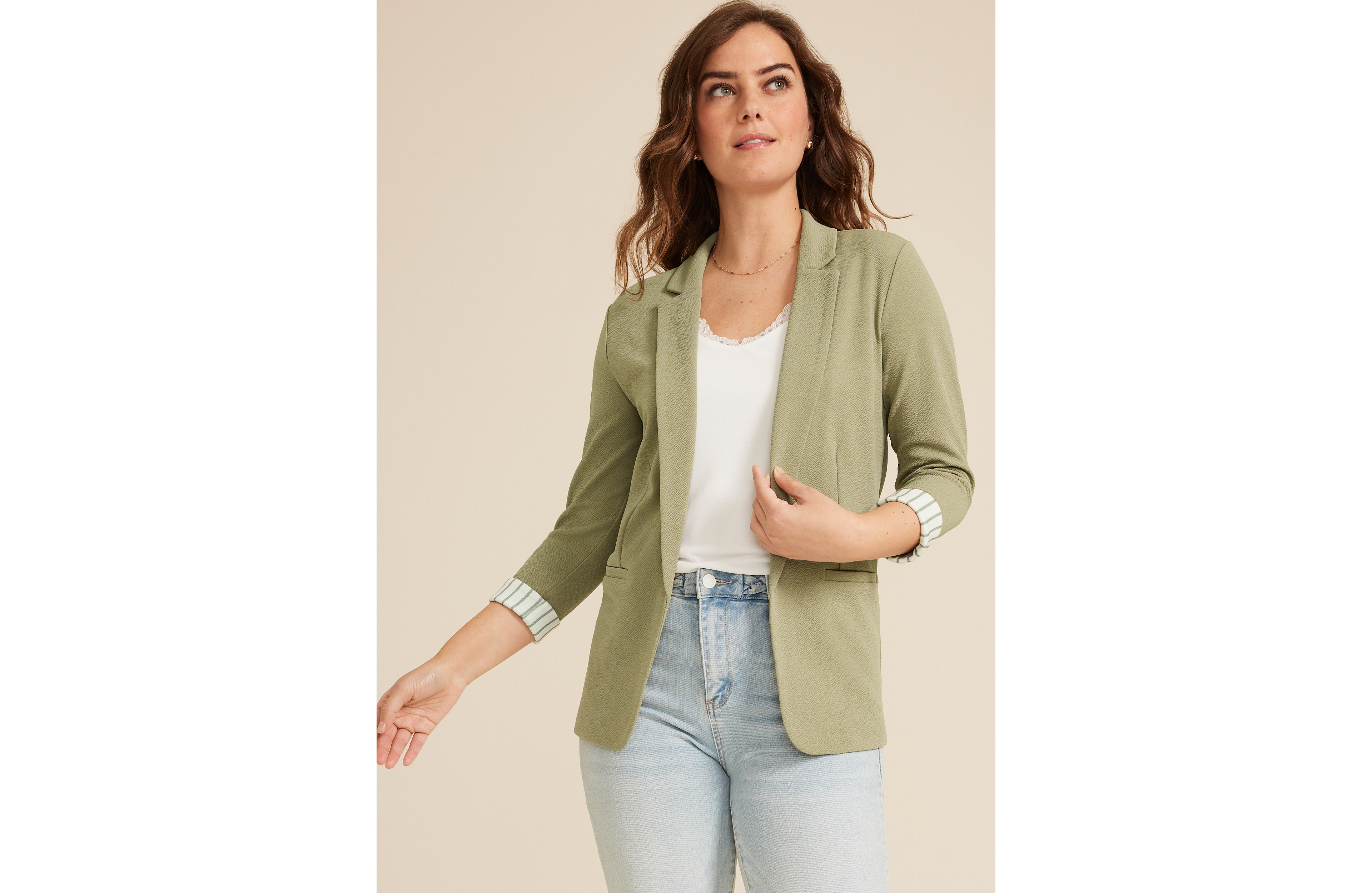 Versa Striped Cuff Open Front Blazer