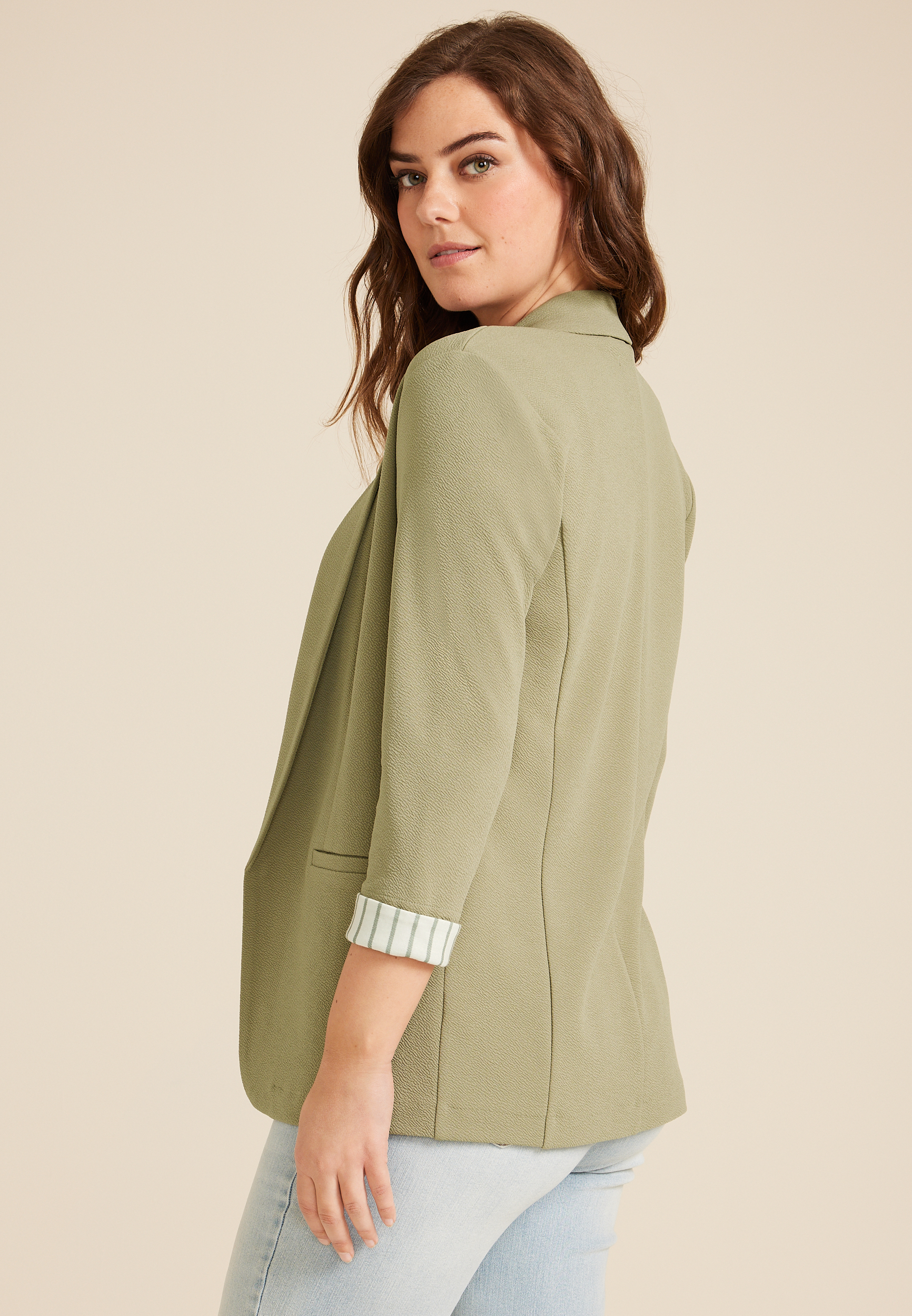 Versa Striped Cuff Open Front Blazer, OLIVE FOG, large
