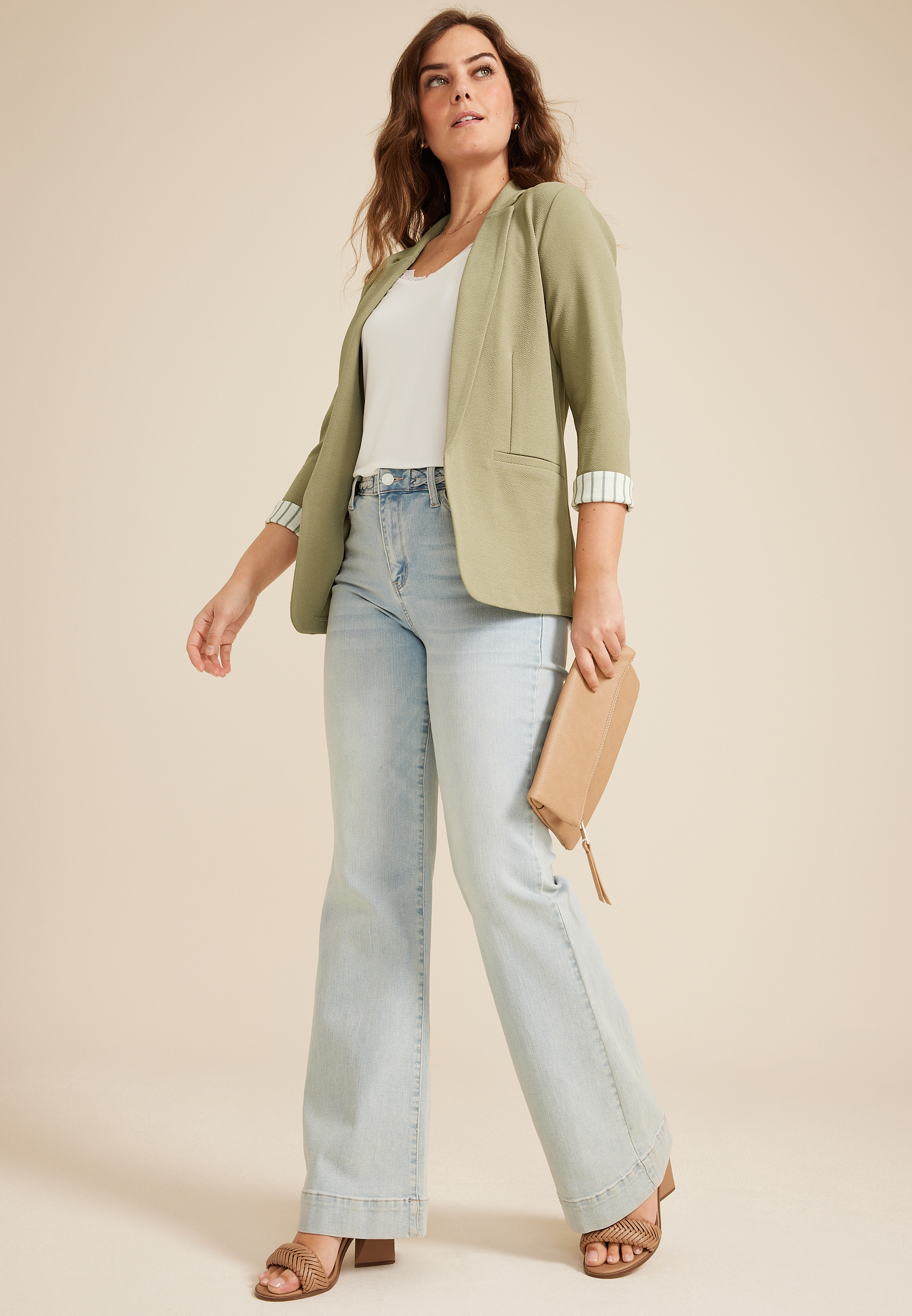 Versa Striped Cuff Open Front Blazer, OLIVE FOG, large