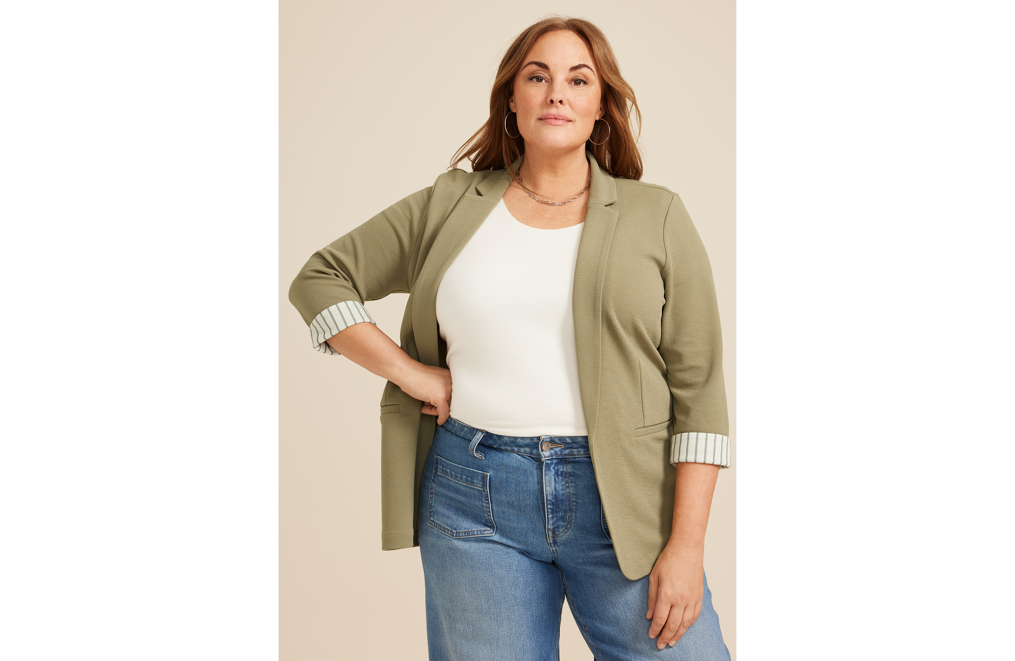 Plus Versa Striped Cuff Open Front Blazer