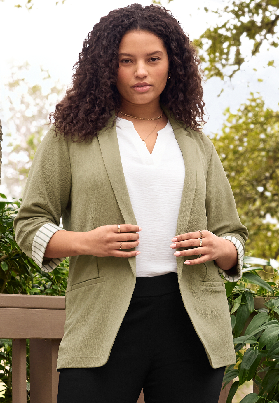Plus Size Versa Striped Cuff Open Front Blazer, C425, large