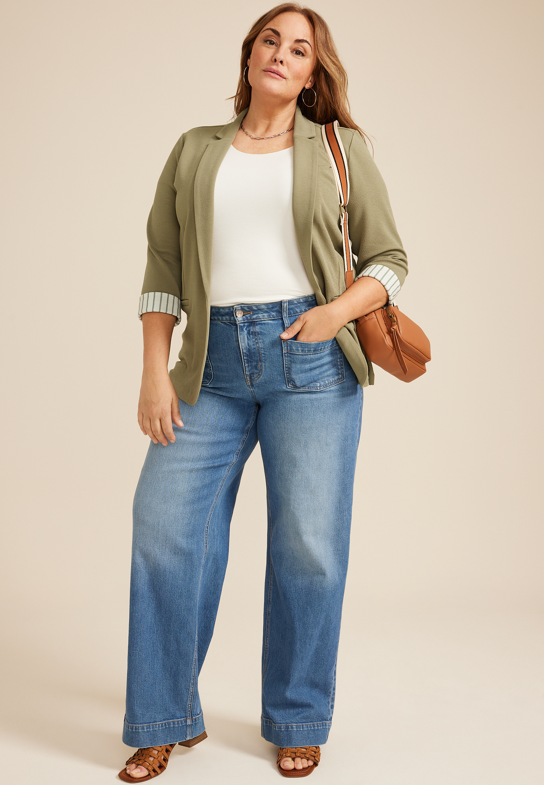 Plus Size Versa Striped Cuff Open Front Blazer, C425, large