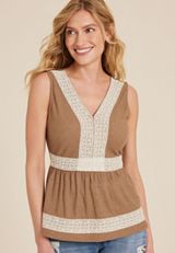Crochet Trim Peplum Tank Top, TAN, small